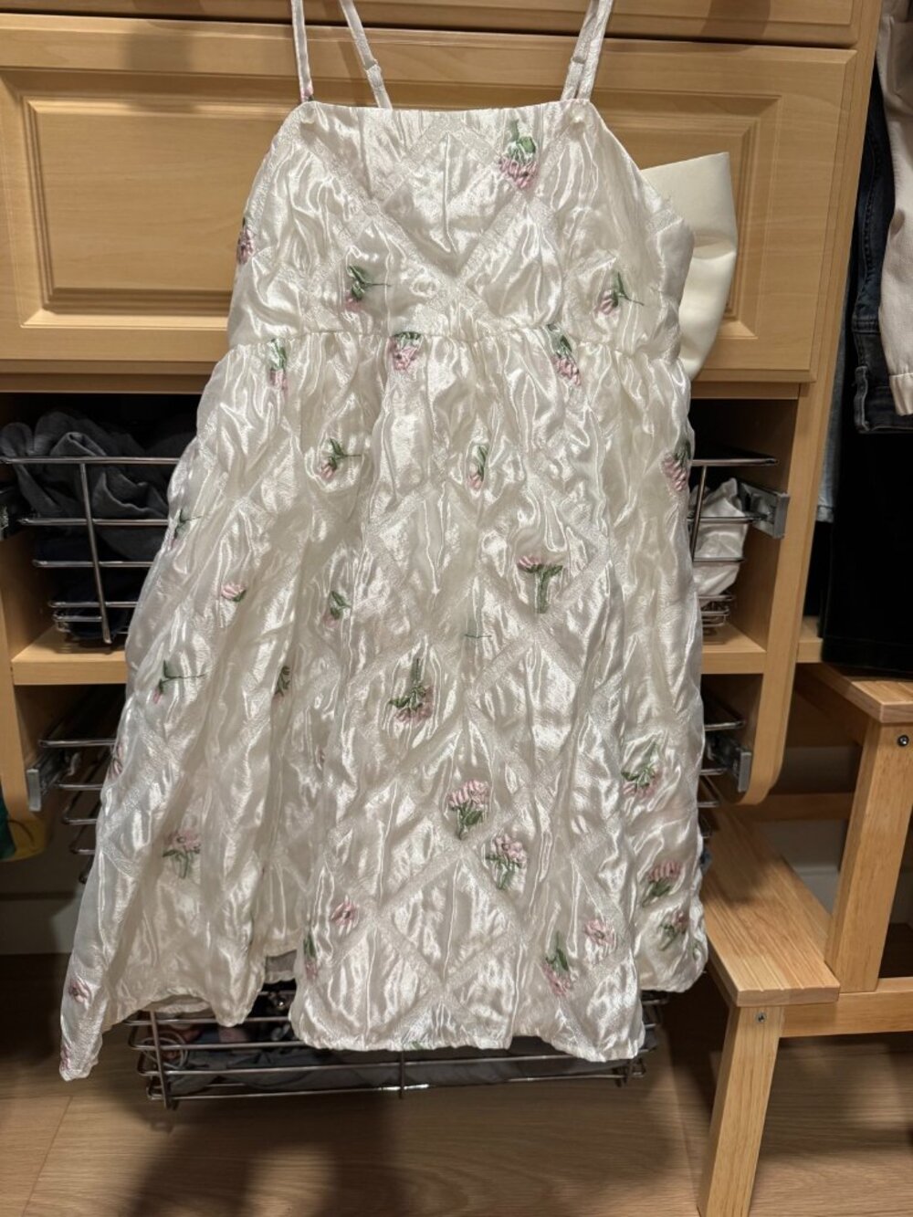 White Embroidered Mini Dress with Bow Back XS